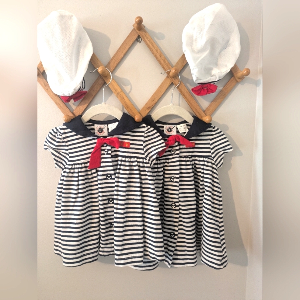 4pc Vintage Good Lad Matching Nautical Striped Baby Dress Set with Hats